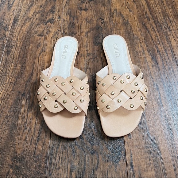 SCHUTZ • Betisa Slide Sandal nude leather Honey Beige studded flat - Picture 3 of 9